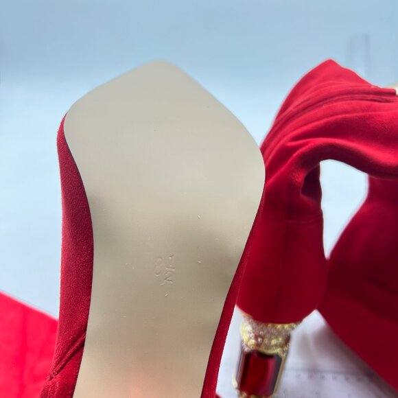 FSJ Red Over The Knee Boot Crystal Chunky High Heel Stretch Thigh High Long Boot - Picture 6 of 8